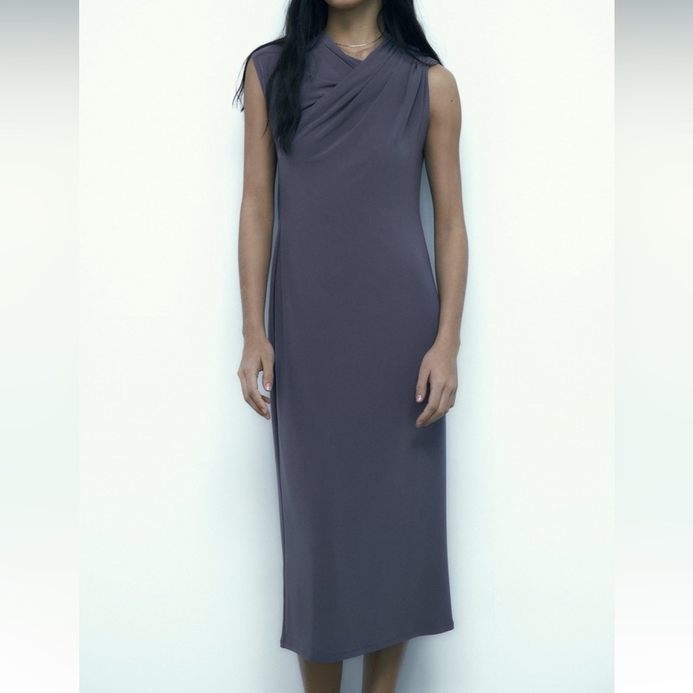 Zara NWOT gray draped stretchy midi dress - Picture 3 of 6